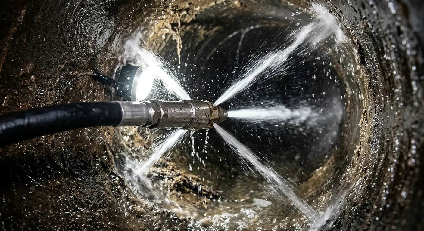 High-pressure hydro jetting nozzle cleaning sewer pipe for Sewer Cleanout in Hyde Park