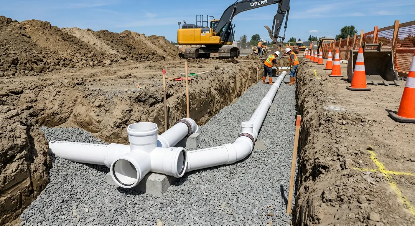 New PVC sewer pipe installation in open trench for Sewer Backup in Hyde Park