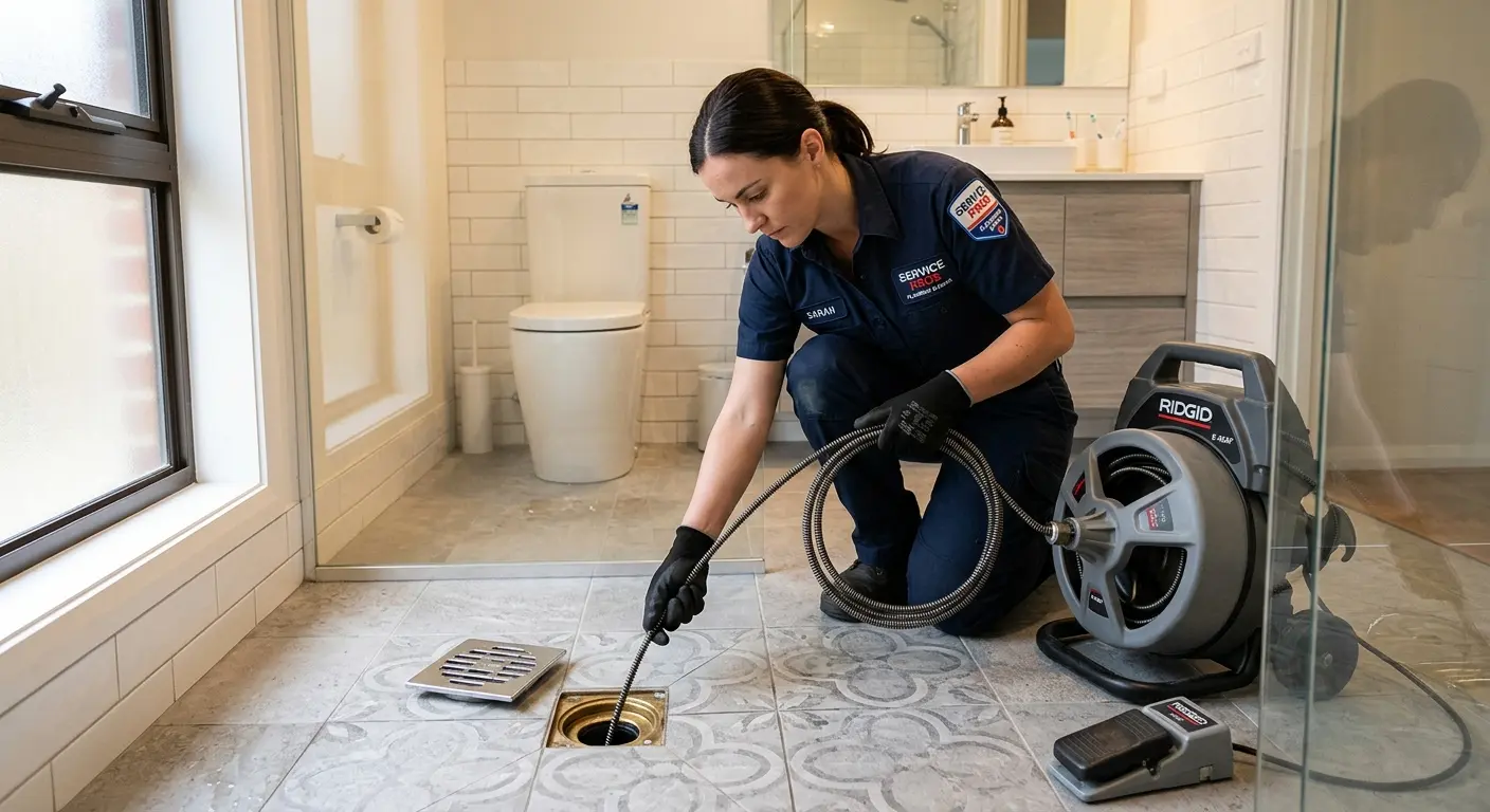 Technician clearing a bathroom floor drain for Drain Cleaning in Hyde Park